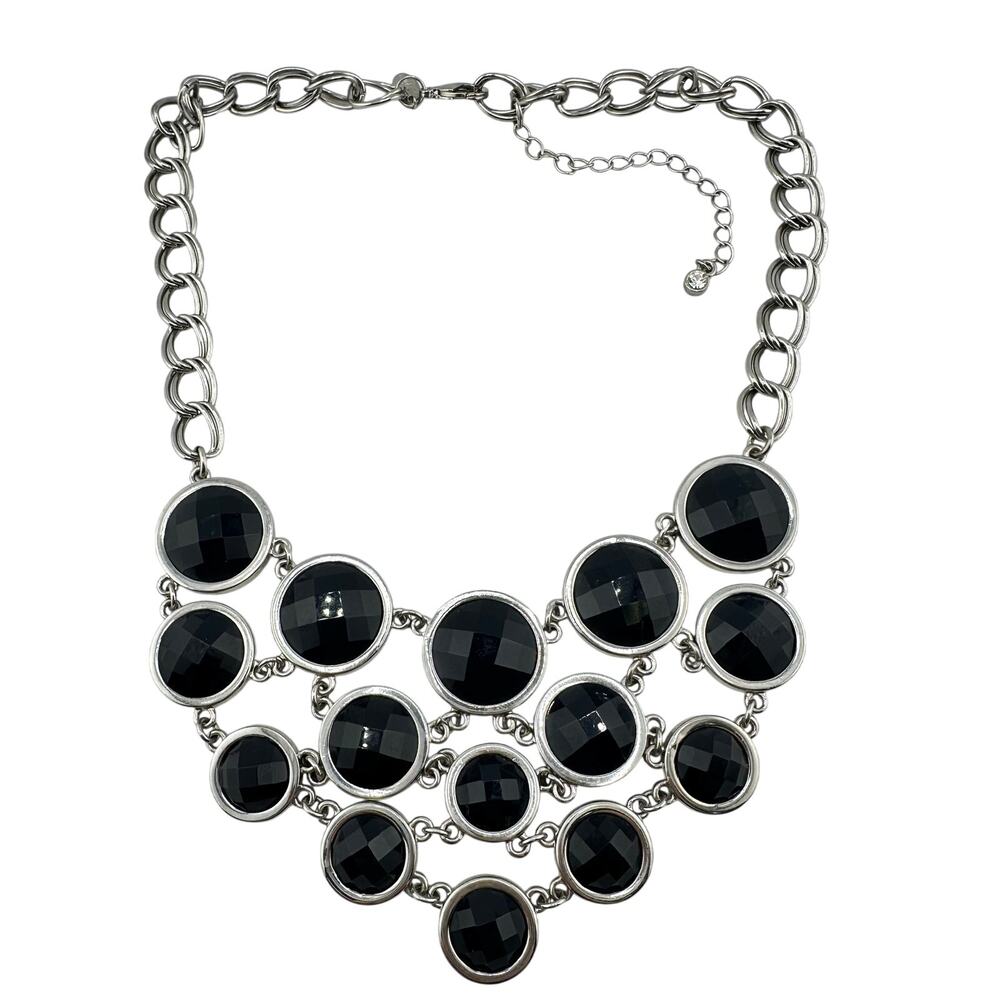 Lia Sophia Black Cabachon Rhinestone Bezel Silver Tone Statement 20" Necklace